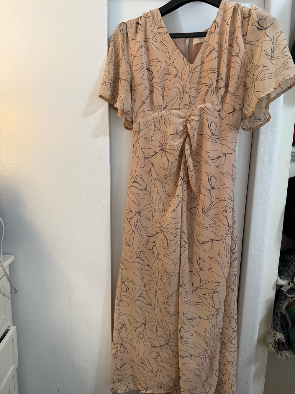 Astr Beige Floral V-Neck Maxi Dress with Flutter Sleeves